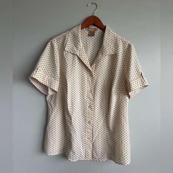 Notations Woman Cream Black Polka Dot Short Sleeve Button Down Blouse Size 1X - Picture 1 of 8
